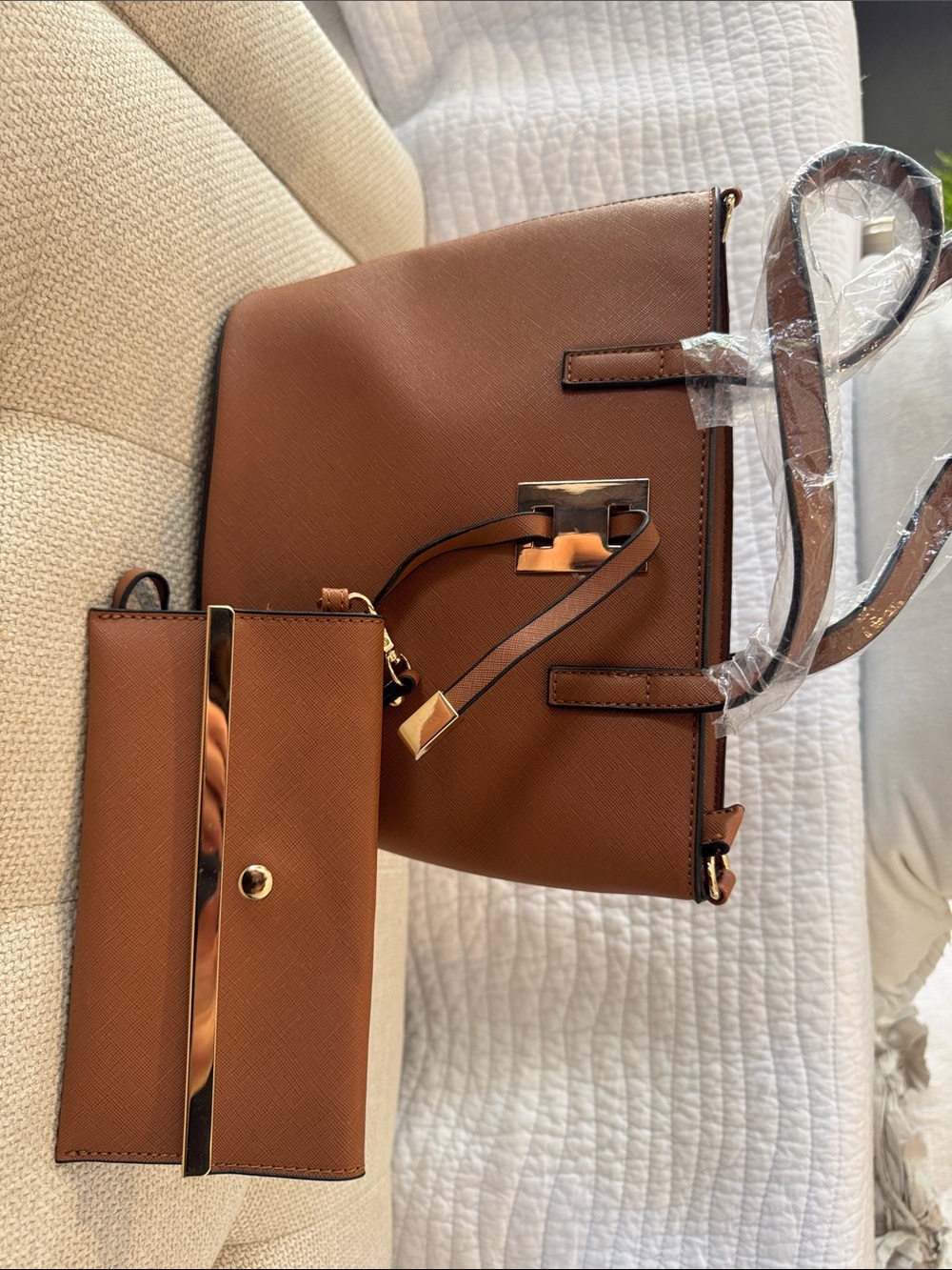 Structured Brown Saffiano Crossbody Bag with Matching Wallet